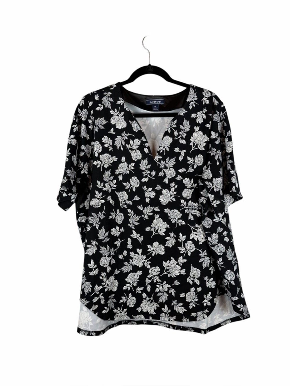 Lands’ End Black White Floral V-Neck Tunic Top Plus Size 2X